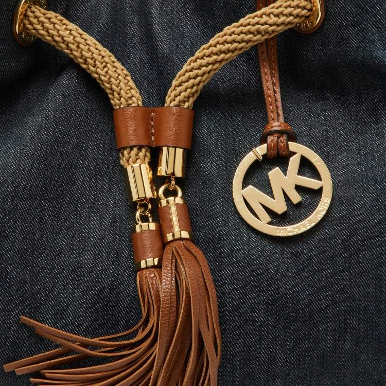 Pre Owned MICHAEL Michael Kors Navy Blue/Brown Denim and Leather Marina Drawstring Bucket Bag