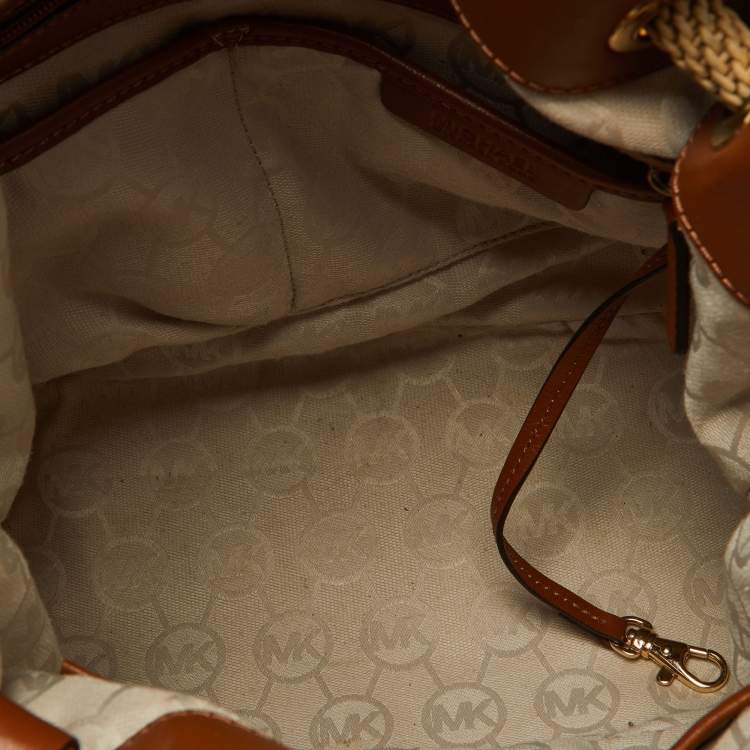 Pre Owned MICHAEL Michael Kors Navy Blue/Brown Denim and Leather Marina Drawstring Bucket Bag