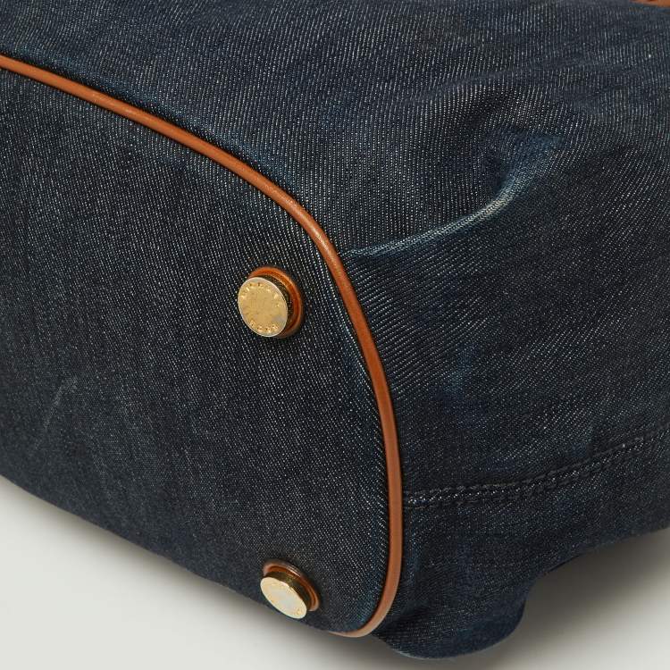Pre Owned MICHAEL Michael Kors Navy Blue/Brown Denim and Leather Marina Drawstring Bucket Bag