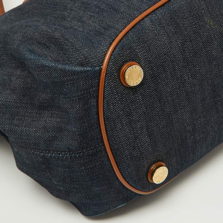 Pre Owned MICHAEL Michael Kors Navy Blue/Brown Denim and Leather Marina Drawstring Bucket Bag