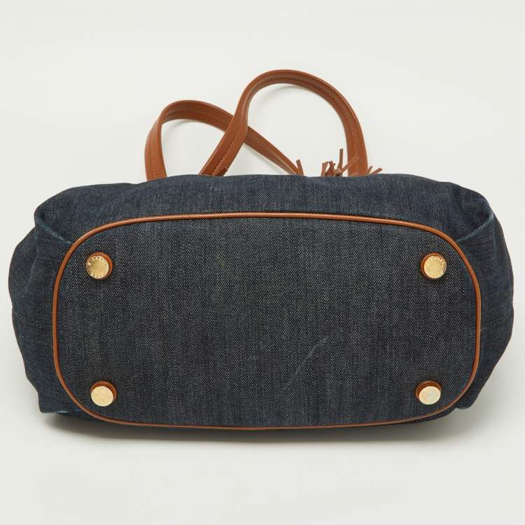Pre Owned MICHAEL Michael Kors Navy Blue/Brown Denim and Leather Marina Drawstring Bucket Bag