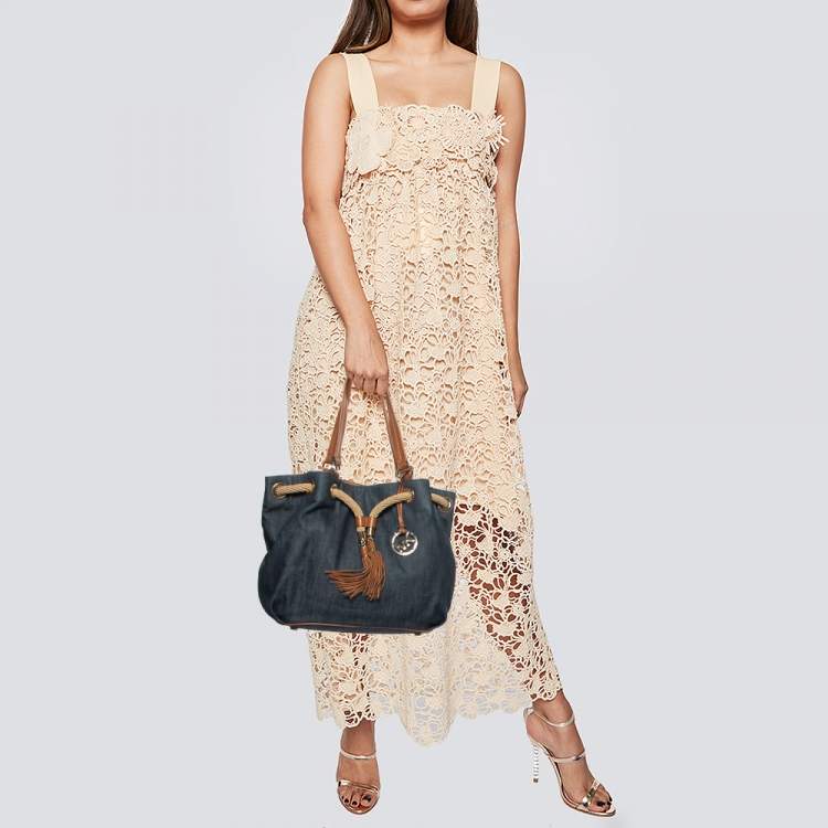 Pre Owned MICHAEL Michael Kors Navy Blue/Brown Denim and Leather Marina Drawstring Bucket Bag
