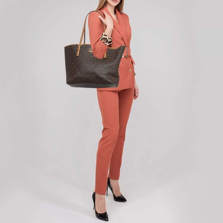 Pre Owned MICHAEL Michael Brown Signature Coated Canvas Jet Set Travel Tote