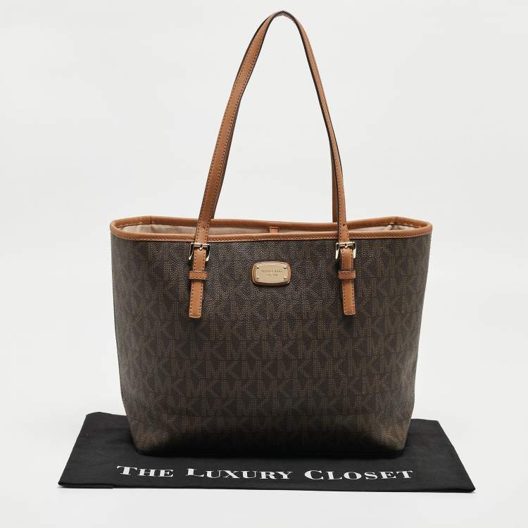 Pre Owned MICHAEL Michael Brown Signature Coated Canvas Jet Set Travel Tote