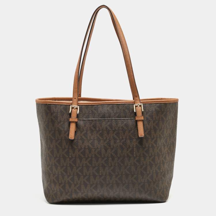 Pre Owned MICHAEL Michael Brown Signature Coated Canvas Jet Set Travel Tote