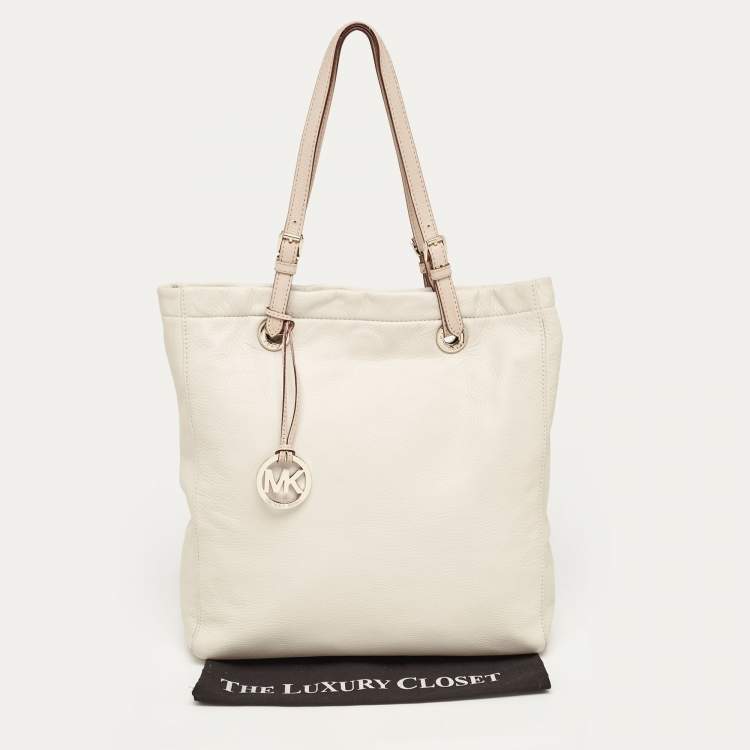 Pre Owned MICHAEL Michael Kors Off White/Brown Soft Leather Jet Set Tote
