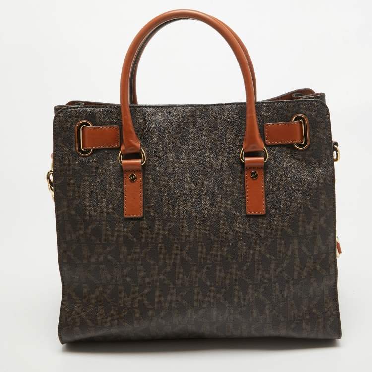 Pre Owned MICHAEL Michael Kors Brown Signature Coated Canvas Large North South Hamilton Tote