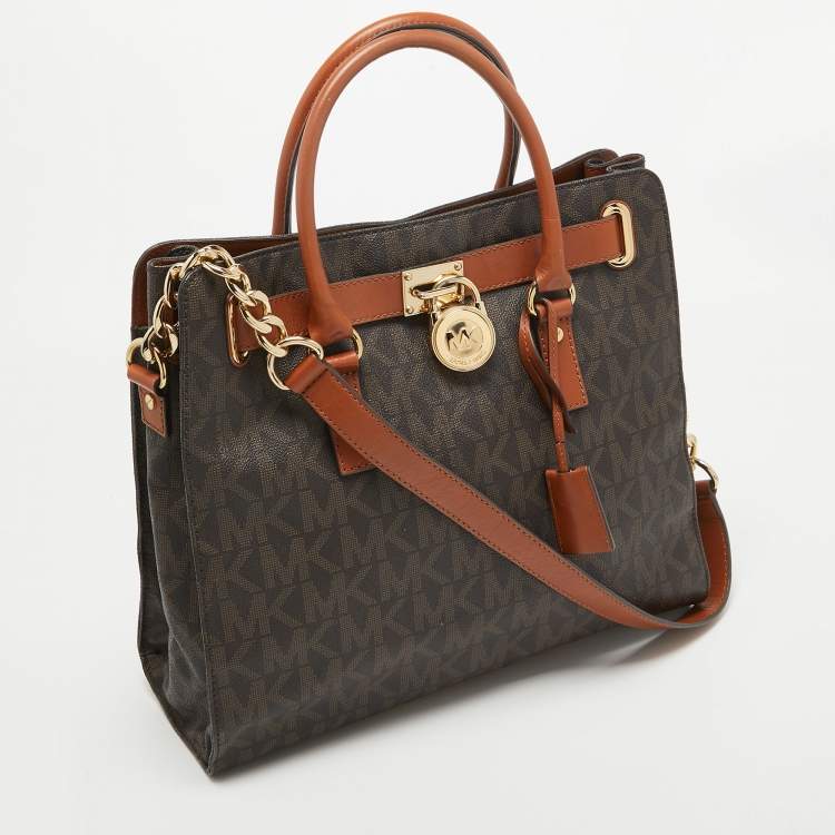 Pre Owned MICHAEL Michael Kors Brown Signature Coated Canvas Large North South Hamilton Tote
