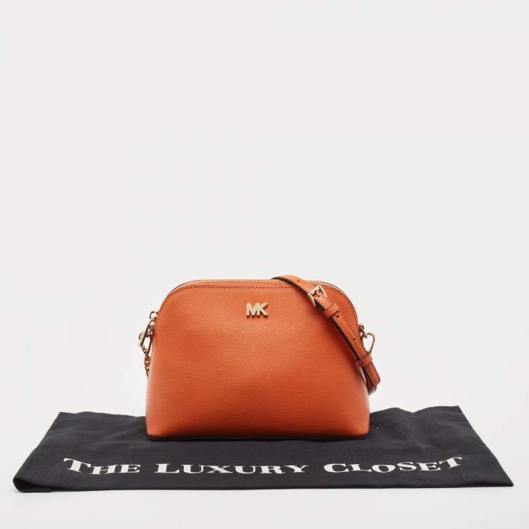 Pre Owned MICHAEL Michael Kors Orange Leather Medium Logo Dome Crossbody Bag