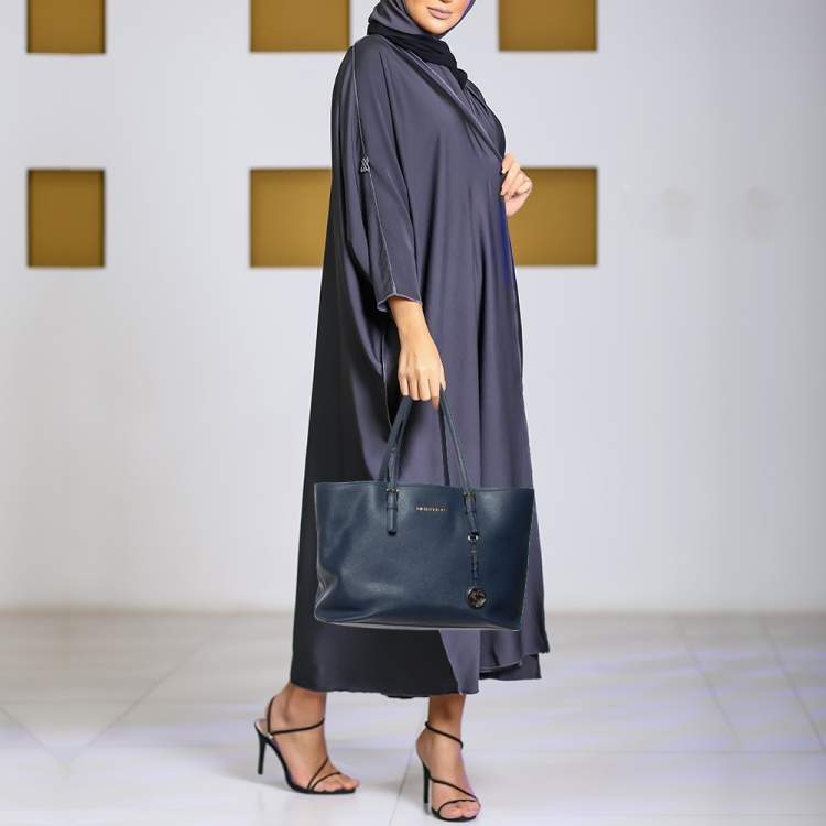 مملوكة مسبقًا MICHAEL Michael Kors Navy Blue Leather Large Jet Set Travel Tote