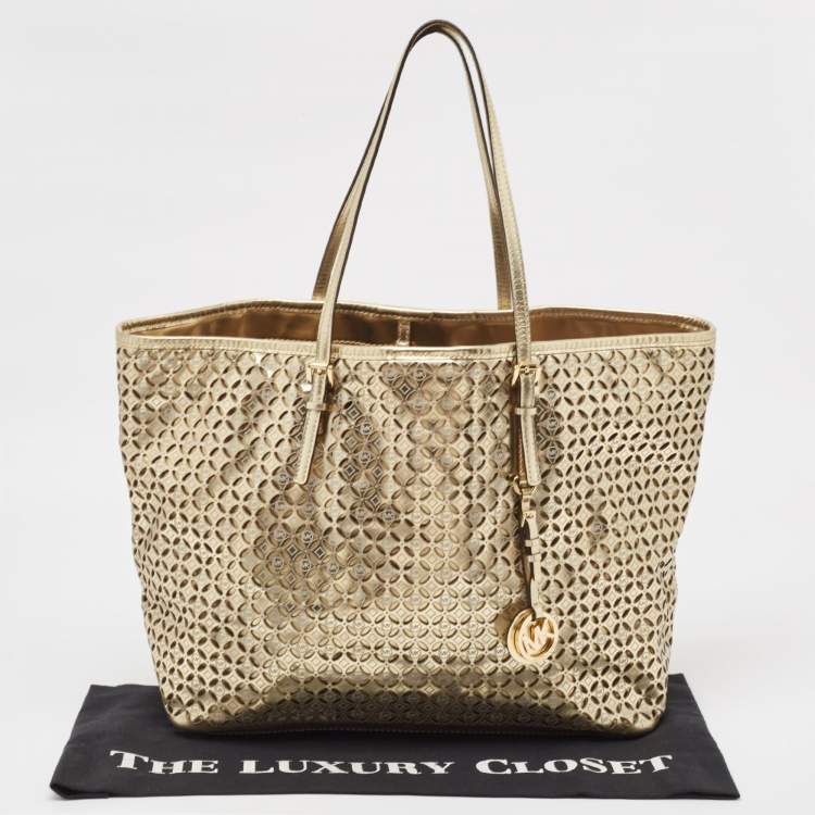 Pre Owned MICHAEL Michael Kors Gold Laser Cut Leather Jet Set Travel Tote