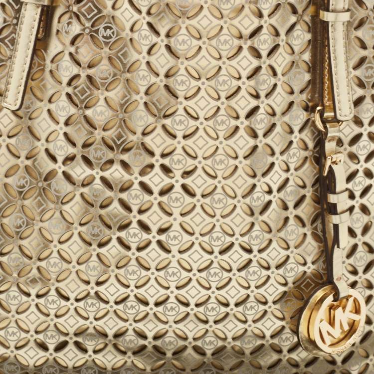Pre Owned MICHAEL Michael Kors Gold Laser Cut Leather Jet Set Travel Tote