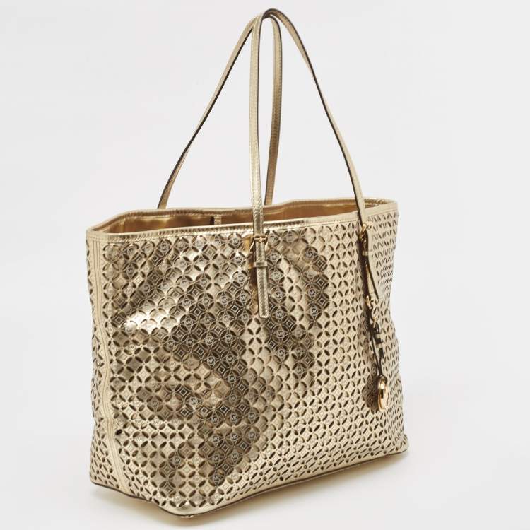 Pre Owned MICHAEL Michael Kors Gold Laser Cut Leather Jet Set Travel Tote