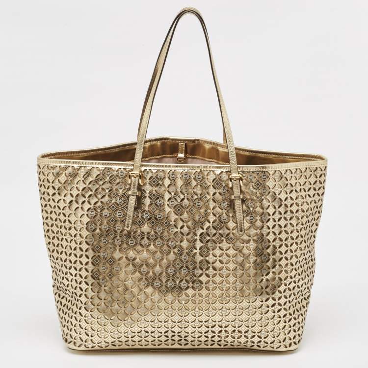 Pre Owned MICHAEL Michael Kors Gold Laser Cut Leather Jet Set Travel Tote