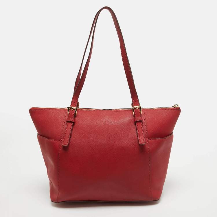 Pre Owned MICHAEL Michael Kors Red Saffiano Leather Jet Set Top Zip Tote