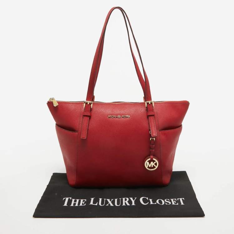 Pre Owned MICHAEL Michael Kors Red Saffiano Leather Jet Set Top Zip Tote