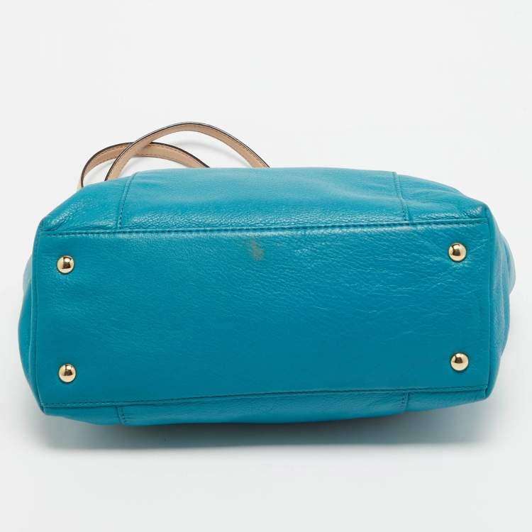 Pre Owned MICHAEL Michael Kors Teal Blue/Beige Leather Jet Set Tote