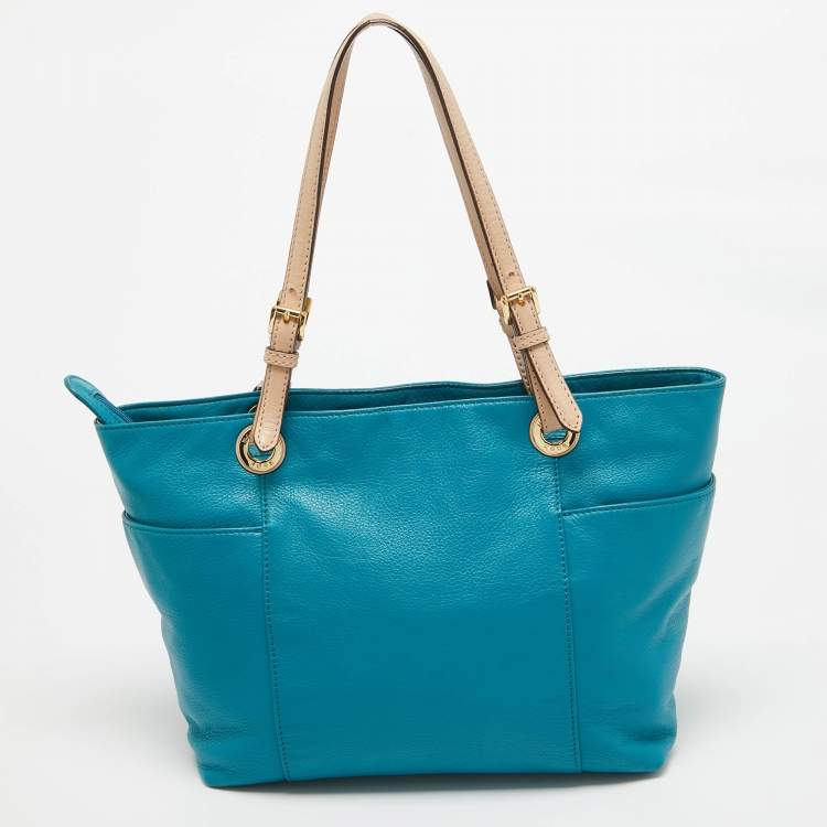 Pre Owned MICHAEL Michael Kors Teal Blue/Beige Leather Jet Set Tote