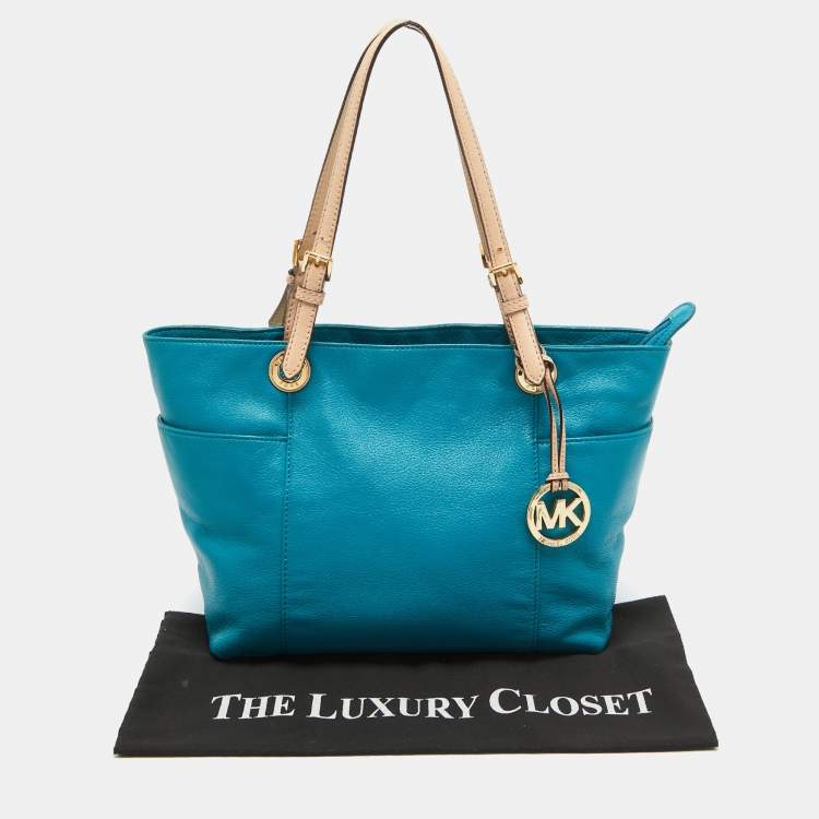 Pre Owned MICHAEL Michael Kors Teal Blue/Beige Leather Jet Set Tote