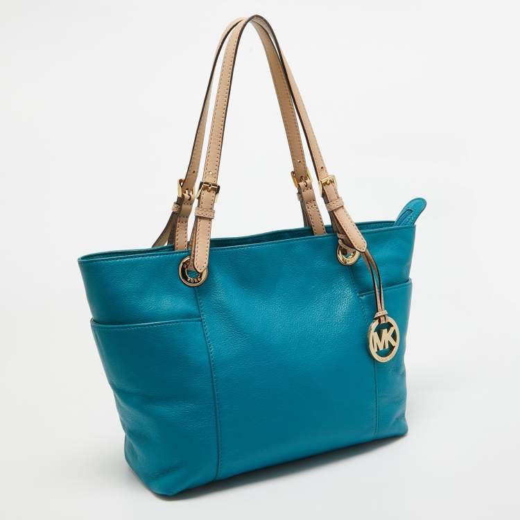 Pre Owned MICHAEL Michael Kors Teal Blue/Beige Leather Jet Set Tote