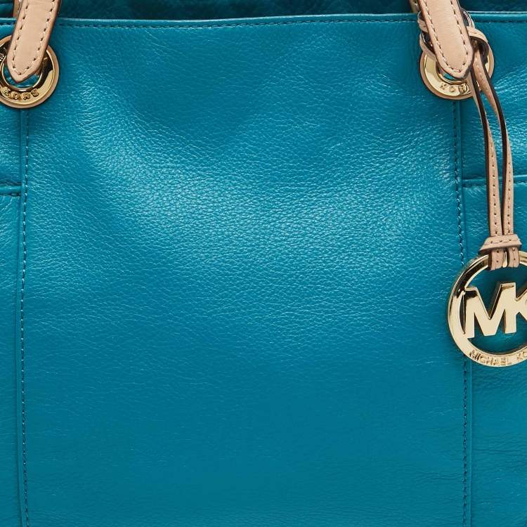 Pre Owned MICHAEL Michael Kors Teal Blue/Beige Leather Jet Set Tote