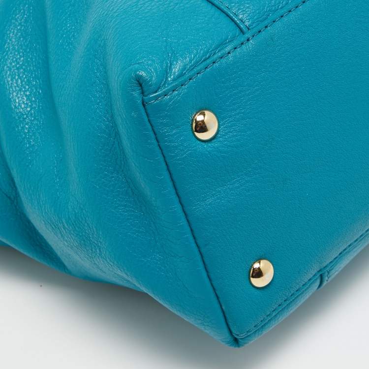Pre Owned MICHAEL Michael Kors Teal Blue/Beige Leather Jet Set Tote
