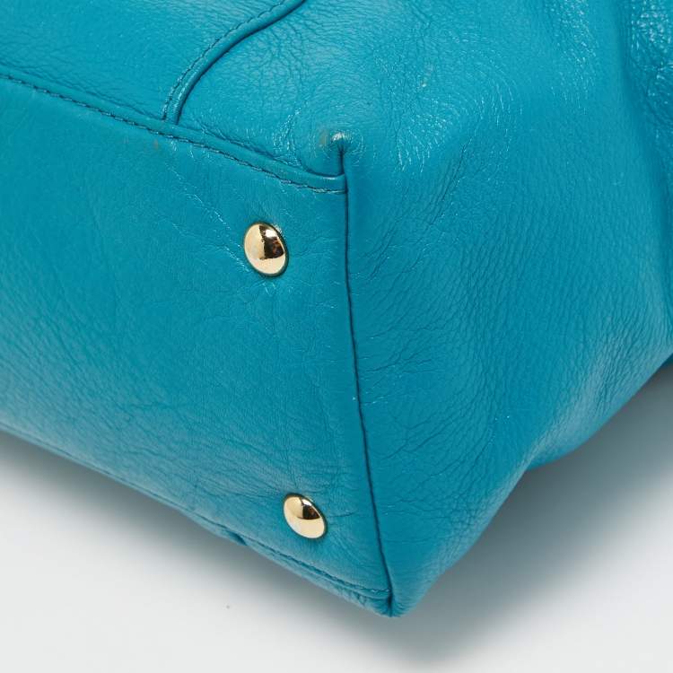 Pre Owned MICHAEL Michael Kors Teal Blue/Beige Leather Jet Set Tote