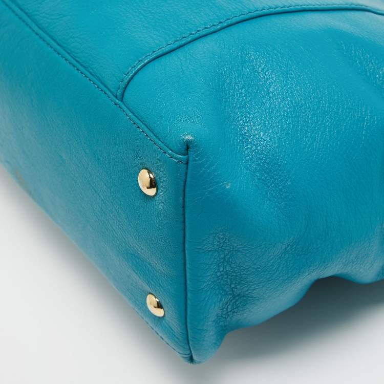 Pre Owned MICHAEL Michael Kors Teal Blue/Beige Leather Jet Set Tote