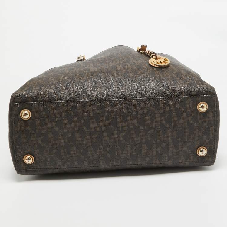 Pre Owned MICHAEL Michael Kors Dark Brown Signature Coated Canvas Large Jet Set Travel Tote