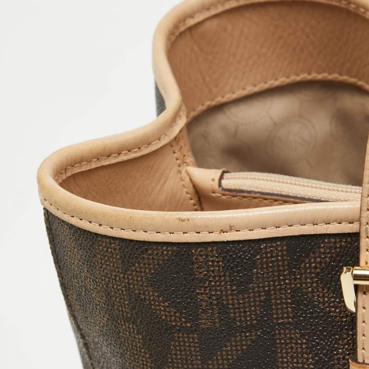 Pre Owned MICHAEL Michael Kors Dark Brown Signature Coated Canvas Large Jet Set Travel Tote