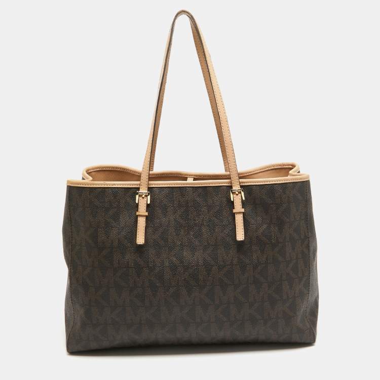 Pre Owned MICHAEL Michael Kors Dark Brown Signature Coated Canvas Large Jet Set Travel Tote