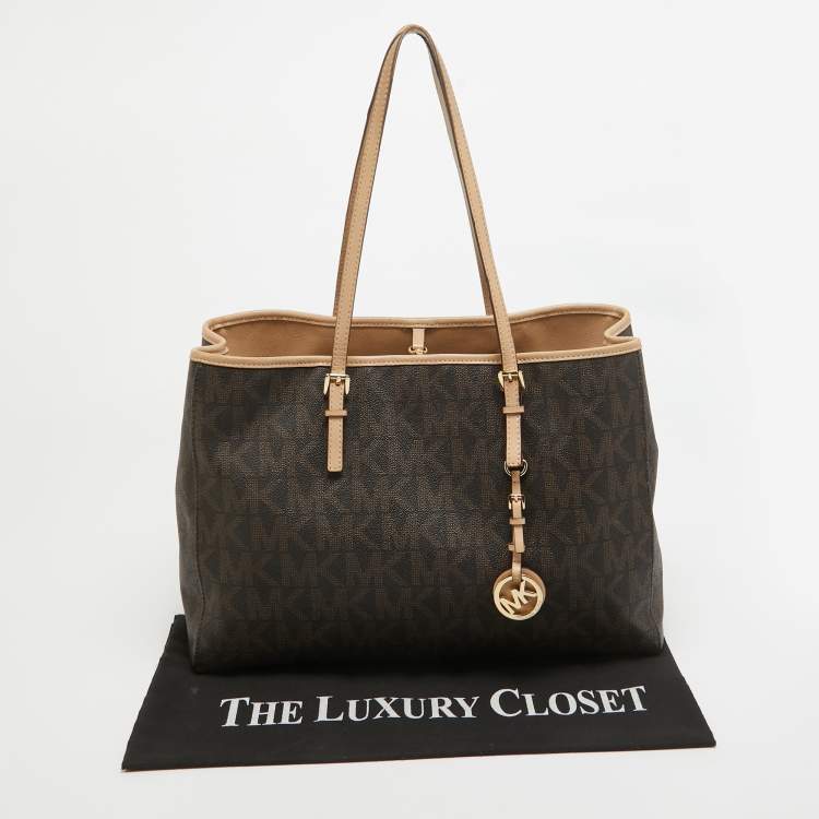 Pre Owned MICHAEL Michael Kors Dark Brown Signature Coated Canvas Large Jet Set Travel Tote