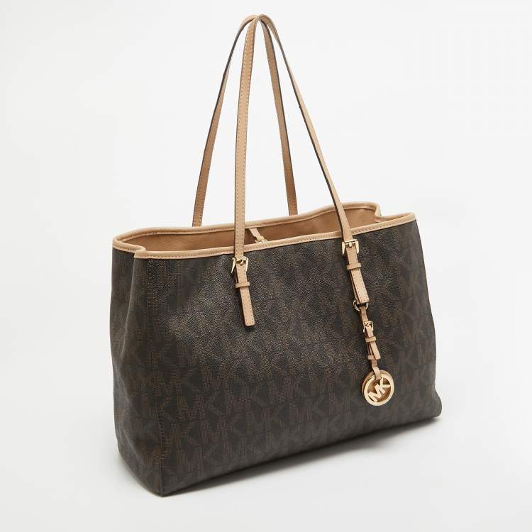 Pre Owned MICHAEL Michael Kors Dark Brown Signature Coated Canvas Large Jet Set Travel Tote