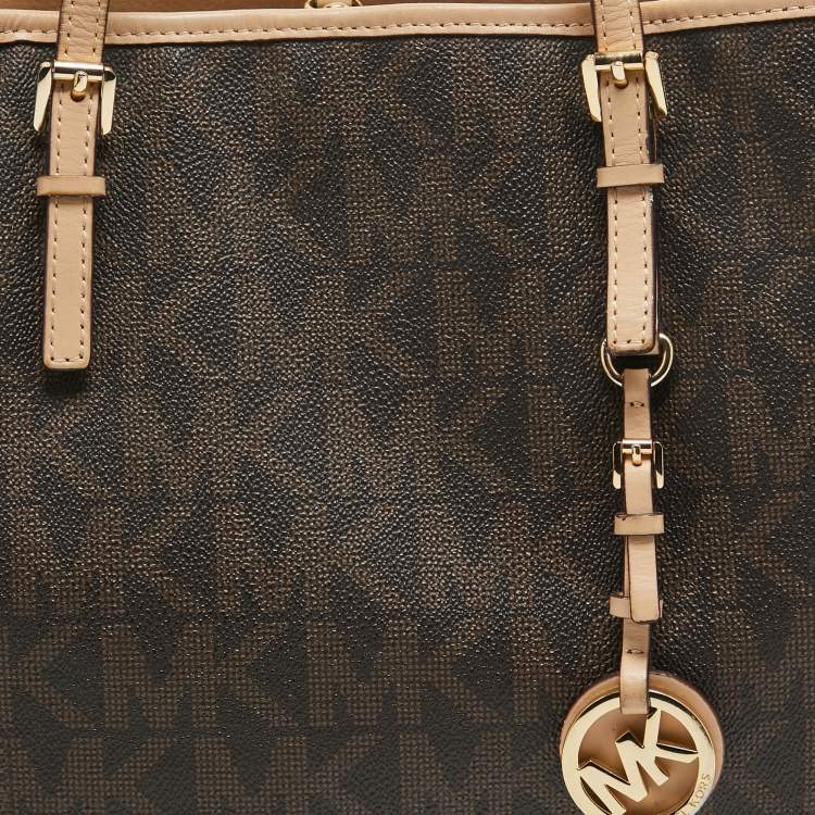 Pre Owned MICHAEL Michael Kors Dark Brown Signature Coated Canvas Large Jet Set Travel Tote