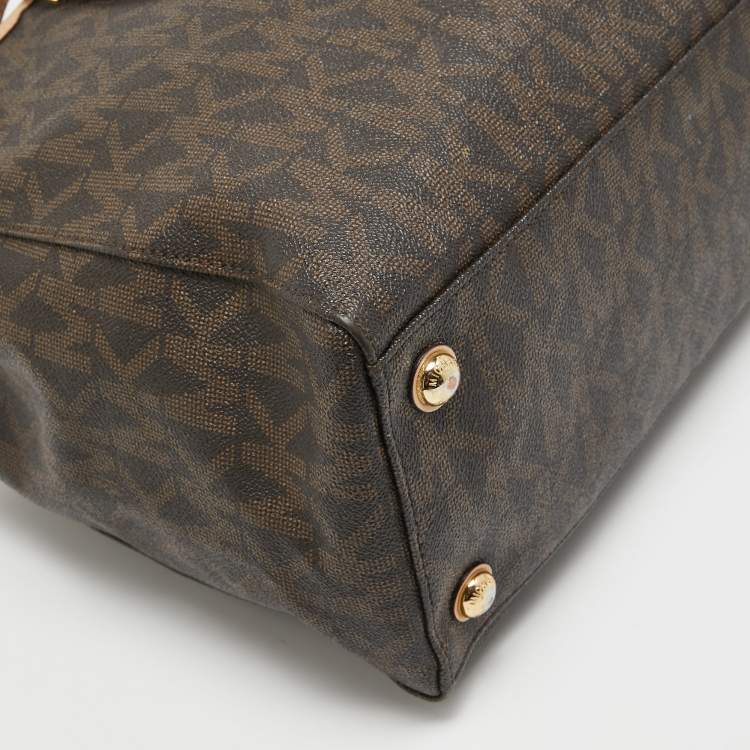 Pre Owned MICHAEL Michael Kors Dark Brown Signature Coated Canvas Large Jet Set Travel Tote