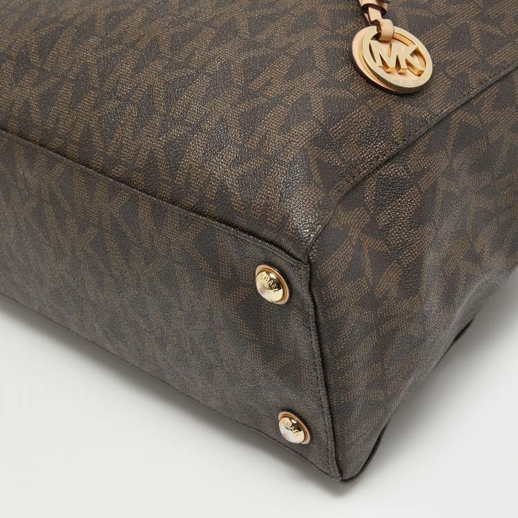 Pre Owned MICHAEL Michael Kors Dark Brown Signature Coated Canvas Large Jet Set Travel Tote