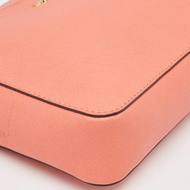 Pre Owned MICHAEL Michael Kors Peach Saffiano Leather Jet Set Camera Crossbody Bag