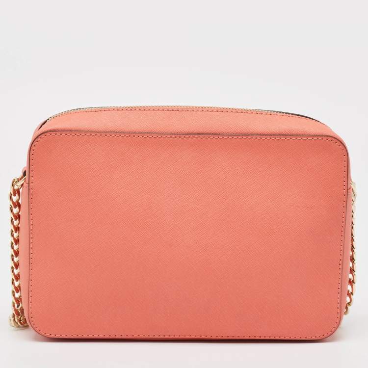 Pre Owned MICHAEL Michael Kors Peach Saffiano Leather Jet Set Camera Crossbody Bag