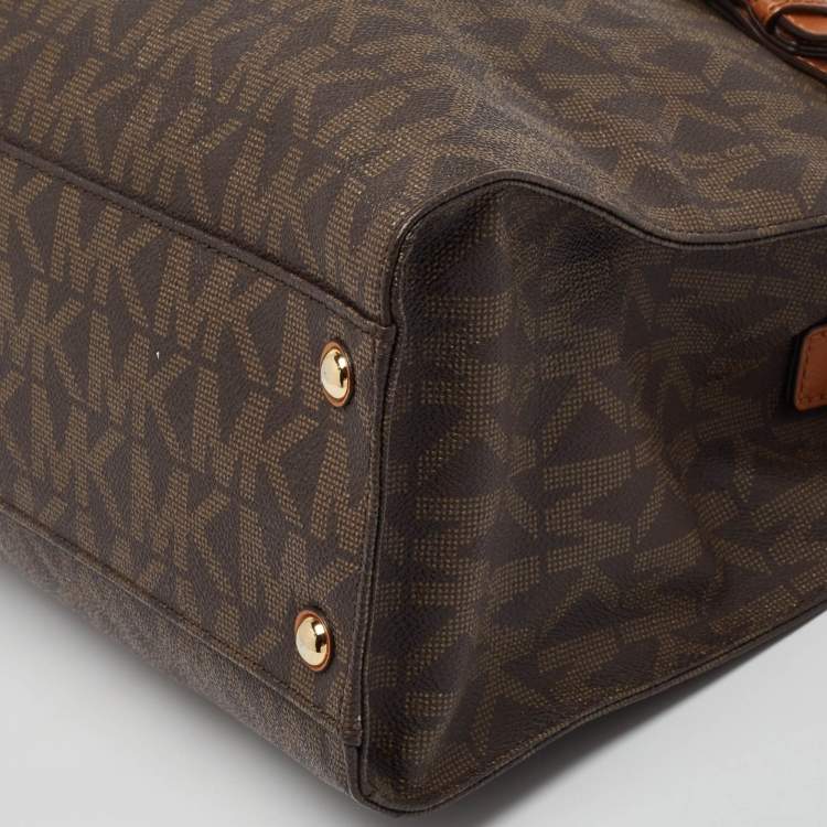 Pre Owned MICHAEL Michael Kors Dark Brown Signature Coated Canvas Large East West Hamilton Tote