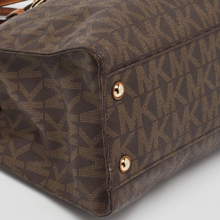 Pre Owned MICHAEL Michael Kors Dark Brown Signature Coated Canvas Large East West Hamilton Tote