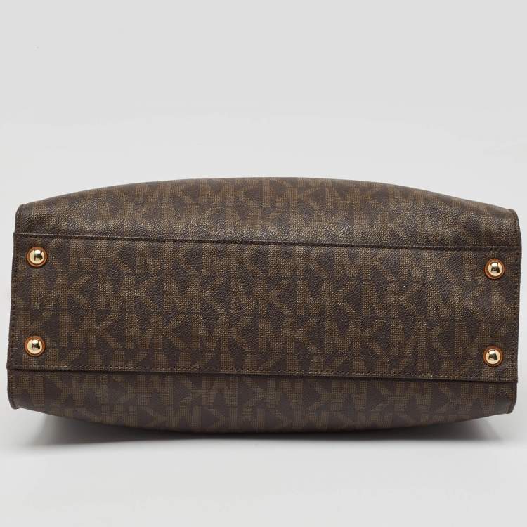 Pre Owned MICHAEL Michael Kors Dark Brown Signature Coated Canvas Large East West Hamilton Tote