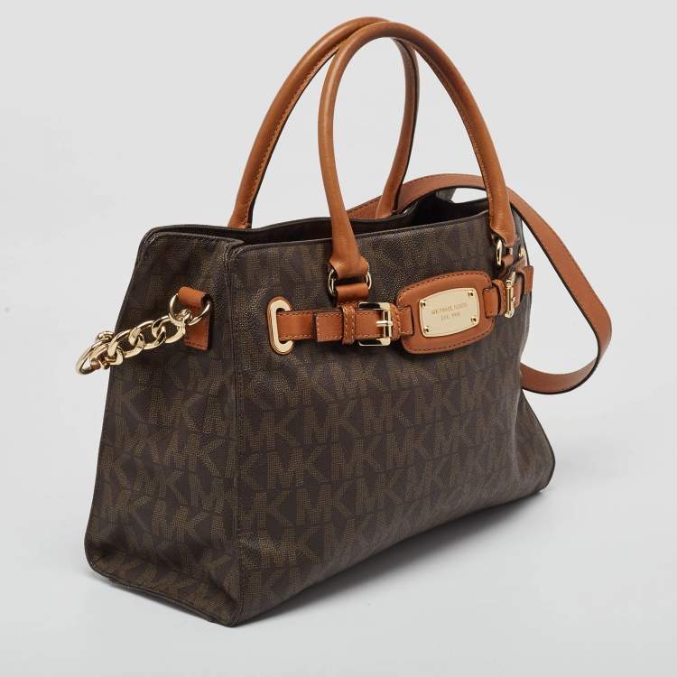 Pre Owned MICHAEL Michael Kors Dark Brown Signature Coated Canvas Large East West Hamilton Tote