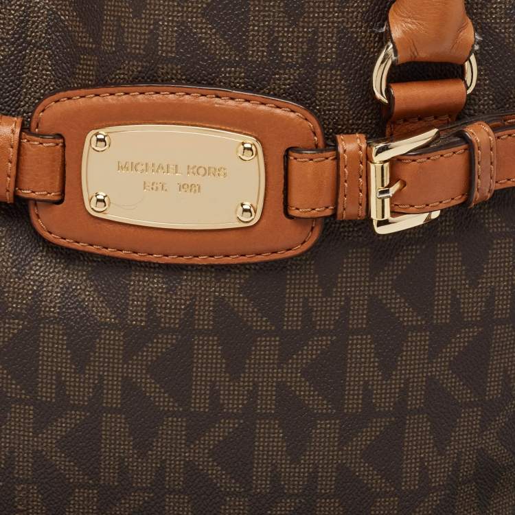 Pre Owned MICHAEL Michael Kors Dark Brown Signature Coated Canvas Large East West Hamilton Tote