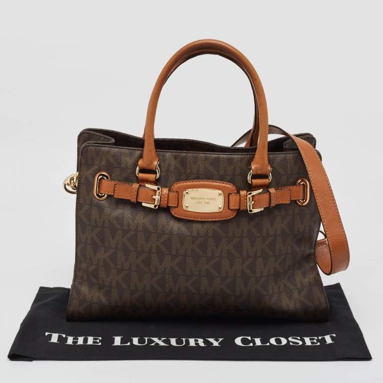 Pre Owned MICHAEL Michael Kors Dark Brown Signature Coated Canvas Large East West Hamilton Tote