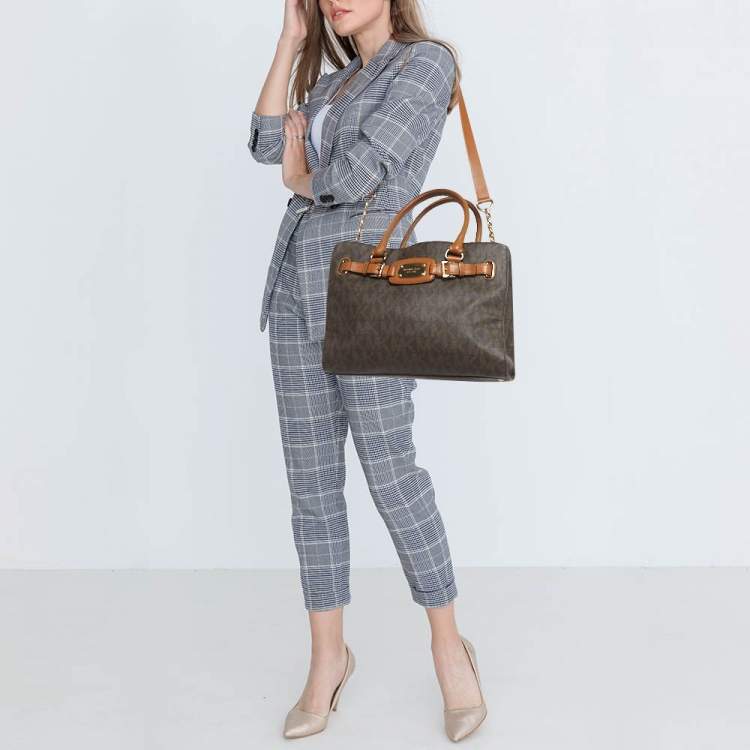 Pre Owned MICHAEL Michael Kors Dark Brown Signature Coated Canvas Large East West Hamilton Tote