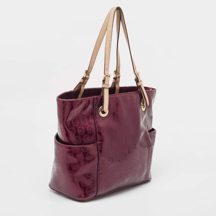 Pre Owned MICHAEL Michael Kors Burgundy Signature Patent and Leather Middle Zip Tote