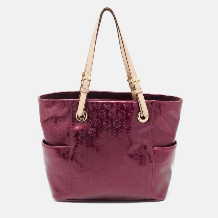 Pre Owned MICHAEL Michael Kors Burgundy Signature Patent and Leather Middle Zip Tote