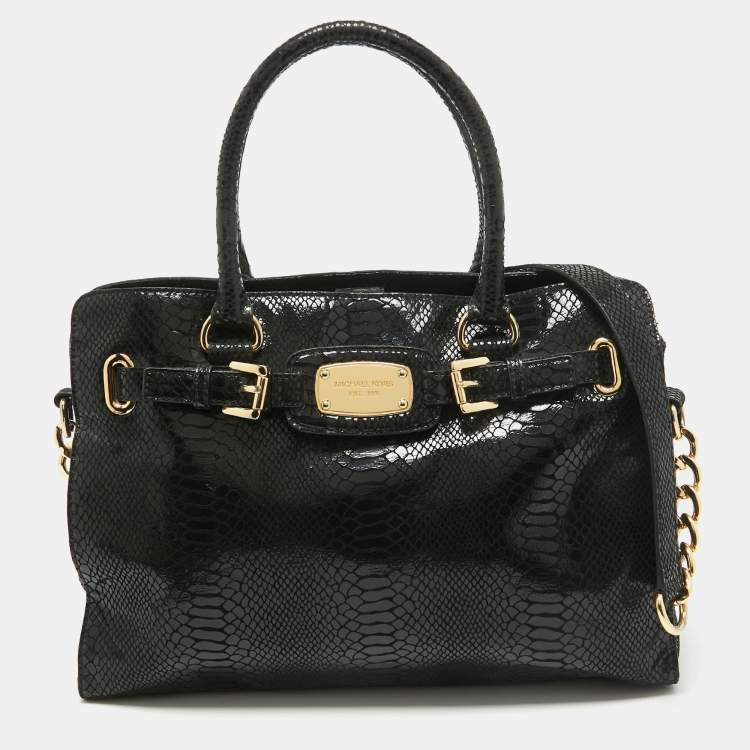 Pre Owned MICHAEL Michael Kors Black Phyton Effect Suede East West Hamilton Tote