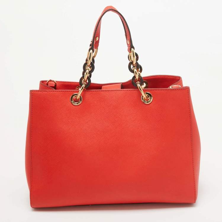 Pre Owned MICHAEL Michael Kors Red Leather Large Cynthia Tote