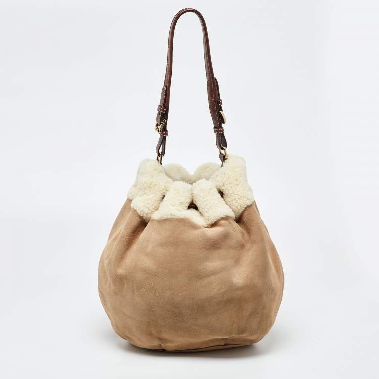 Pre Owned MICHAEL Michael Kors Beige/Brown Suede and Shearling Fur Bucket Bag